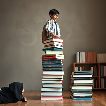 Education inequity, academic degree or institution bias, imbalance or chance or access to knowledge, school dropout concept, success young man on top of stack of textbooks look at other on the floor.