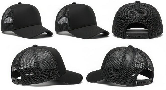 Black baseball caps with different views and angles