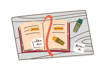 Open planner on wooden table with highlighters and sticky notes, flat cartoon bullet journal scene. Daily planning and journaling hobby, self care and mindful routine vector illustration