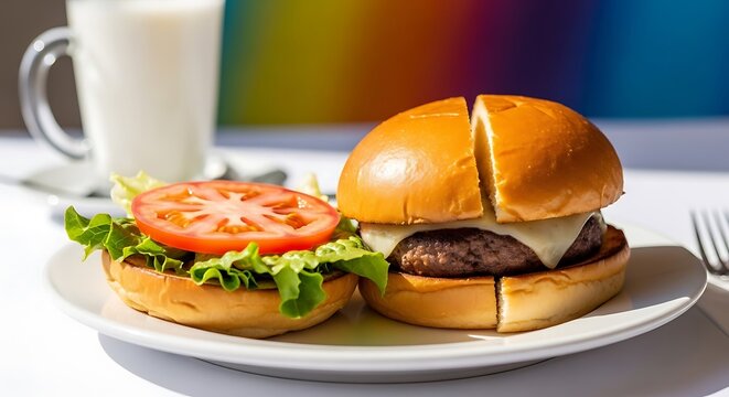 Delicious cheeseburger with lettuce and tomato on white plate