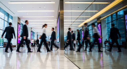 Fototapeta premium Business professionals walking with motion blur through a bright, modern office lobby or hallway.
