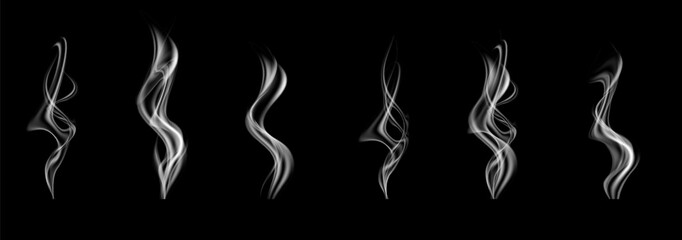 Naklejka premium Light swirling mist suggesting heat and fragrance from cooking. Realistic steam food effect for coffee, tea, grill food and warm drink illustrations.