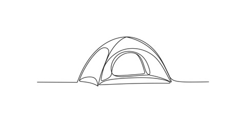 Simple line drawing of a camping tent in one continuous line style © Line Art Gallery