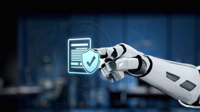 A robotic hand interacts with a digital document represented by a security shield in a modern office, illustrating the intersection of technology and information security. Synapse