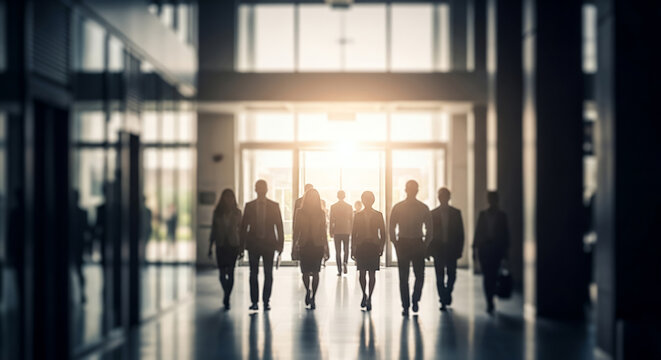Diverse business professionals walking through a bright, modern office corridor with sunlit windows, symbolizing progress.