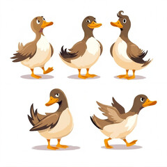 Fototapeta premium Five playful duck character illustrations in various expressive poses. Brown and white feathers, orange beaks and feet, flat vector style, isolated on white background.