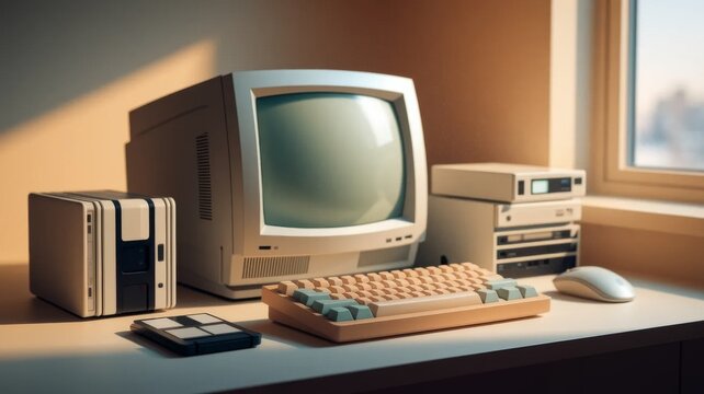 Vintage Personal Computer with Floppy Disks on Desk Retro Technology