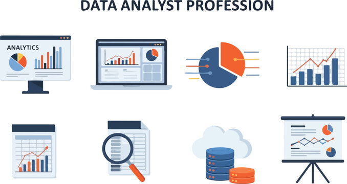 Illustration Data analyst symbols Includes screens graphs pie charts magnifying glass databases and a presentation board