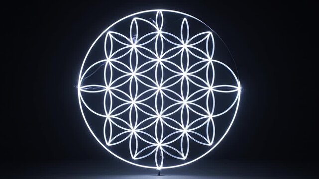 A glowing white Flower of Life sacred geometry symbol on a dark background.