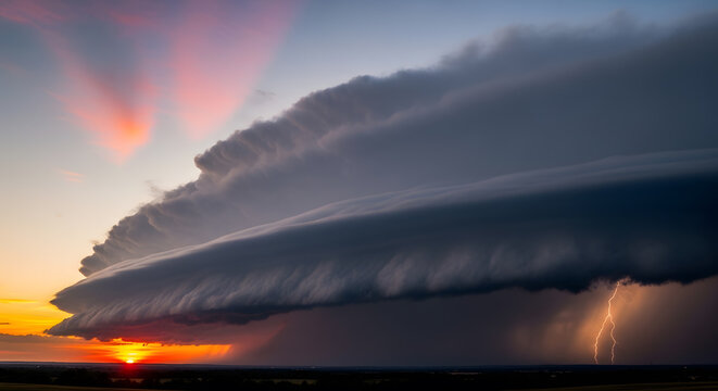 A massive shelf cloud formation during a sunset with a dramatic lightning strike hitting the ground