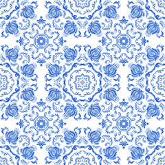 Obraz premium Abstract vector blue damask seamless pattern on a white background