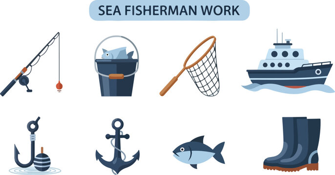 Illustration of a sea fishermans work showing a fishing rod bucket net boat hook anchor fish and boots