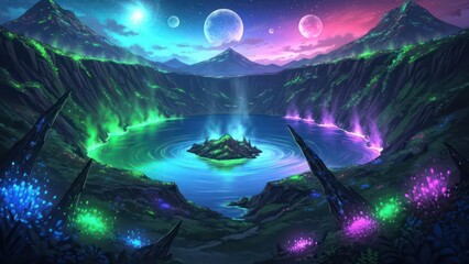 Fototapeta premium Enchanted landscape with vibrant celestial skies and mystical terrain showcasing surreal planetary