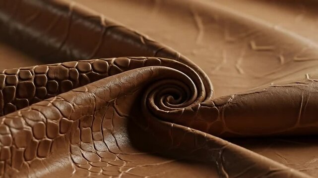 Close-up view of rolled brown leather texture, showcasing intricate patterns and smooth surface.