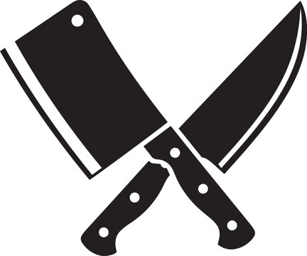 Black silhouette of crossed butcher knife and chef knife on white background kitchen knife crossed knives