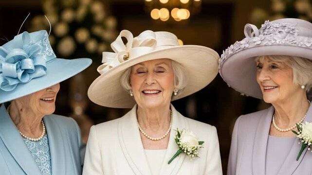 Three elegant senior Caucasian women in formal hats and suits as mother of the bride wedding guests