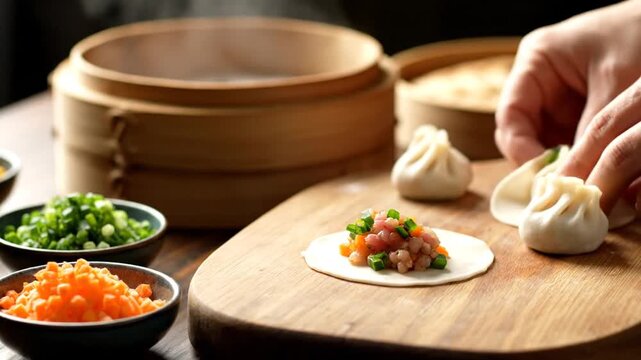 Hands making fresh dumplings with vegetables on a wooden board