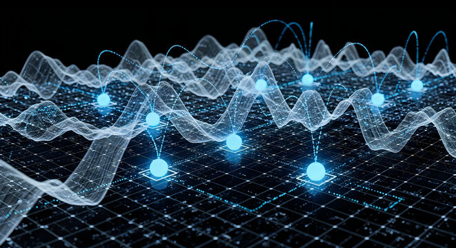 Abstract data visualization representing network connections and digital information flow