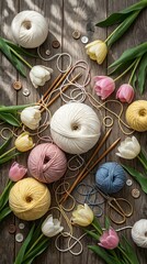 Spring knitting supplies with tulips and buttons on a rustic wooden background
