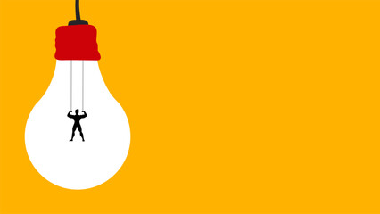 muscular man lifting a heavy glowing light bulb on a yellow background © foxndeer
