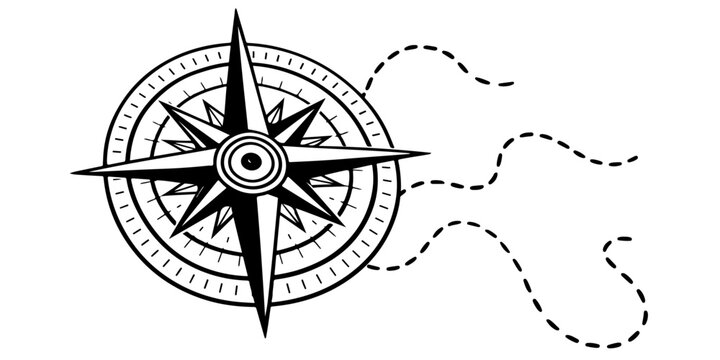 Vintage nautical compass rose vector illustration featuring a north arrow direction symbol for sea travel and adventure navigation on a white background