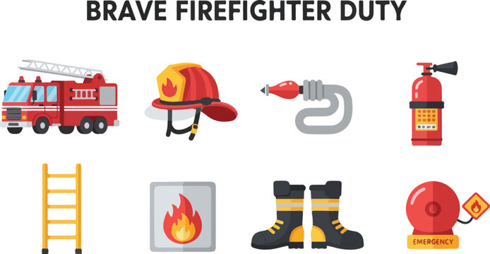 Illustrations of firefighter tools and equipment including a truck helmet hose extinguisher ladder flame boots and alarm