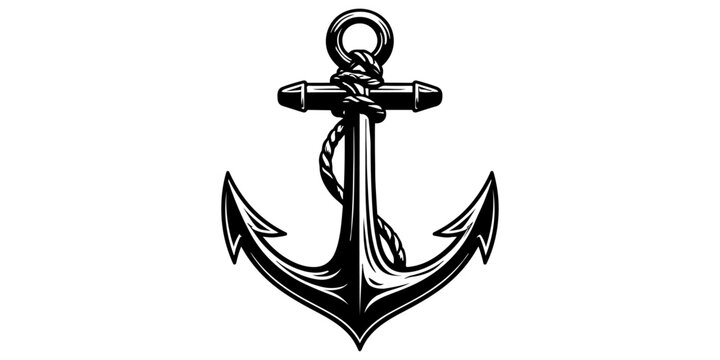 A heavy metal nautical anchor icon with a vintage steel chain and rope isolated on a white background as a marine symbol for navy ship sailing and sea security vector illustration design