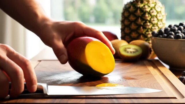 Hands slicing fresh mango with knife on wooden cutting board
