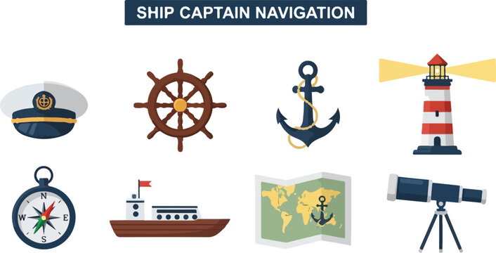 Illustrations of ship captain navigation tools including a hat wheel anchor lighthouse compass ship map and telescope