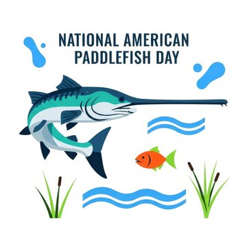 National American Paddlefish Day illustration with paddlefish and aquatic elements