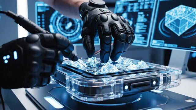 Hands in futuristic gloves interacting with glowing circuit board in lab