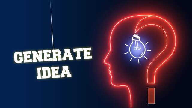 Generate idea text sign swinging on a vibrant red neon background with a glowing human head profile and light bulb for artistic and technical brainstorming