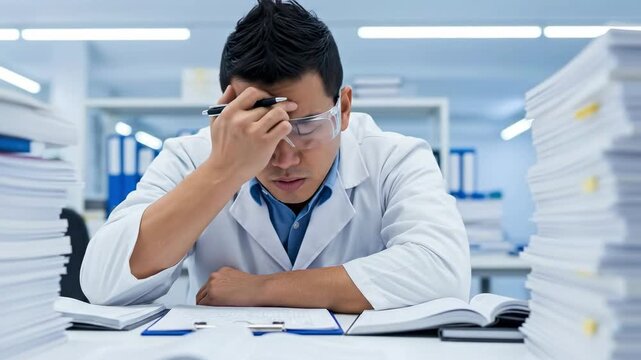 Exhausted Asian Male Scientist Overwhelmed by Paperwork in Laboratory Setting