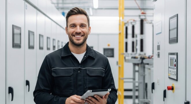 A man in a black uniform holding a tablet in a factory setting.