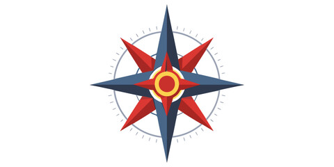 A collection of red, white, yellow, and green compass icons featuring 3d nautical star shapes and navigation arrows for travel maps, cartography design, and adventure direction symbols © hossain