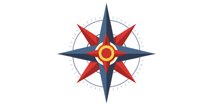 A collection of red, white, yellow, and green compass icons featuring 3d nautical star shapes and navigation arrows for travel maps, cartography design, and adventure direction symbols