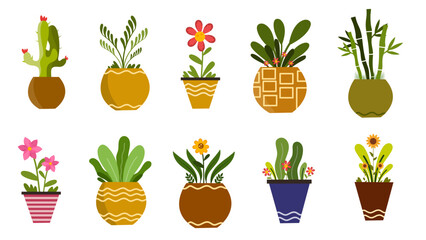 Set Of Potted Plants Including Cactus And Succulents With Decorative Floral Ornaments