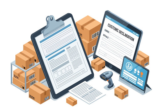 An illustration shows shipping documents cargo boxes and electronic devices hinting at customs procedures