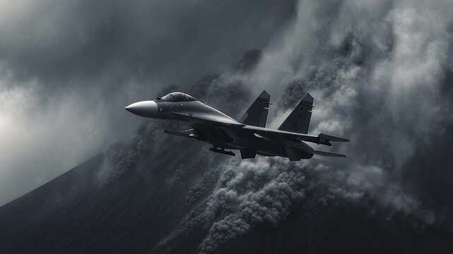 Sukhoi SU 30 aircraft flying through dense volcanic ash cloud in a dramatic aerial scene captured in 4K resolution