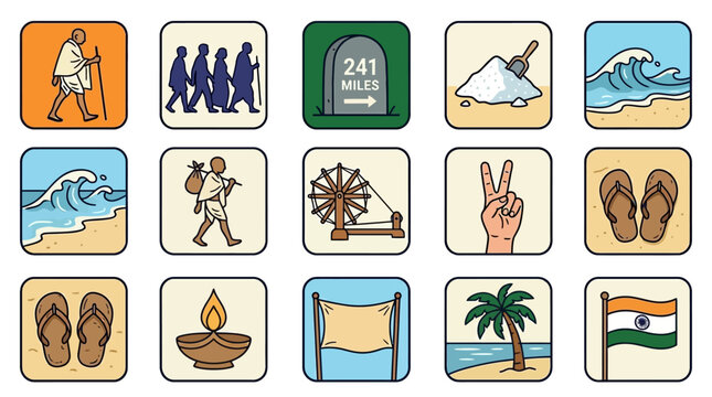 Displaying twelve icons in a four‑by‑three grid on a white background, viewed from above, showcasing cultural, travel, peace, footwear, and historic motifs in flat illustration style