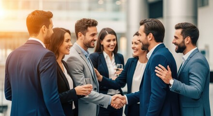Obraz premium A group of business professionals shaking hands in an office setting.