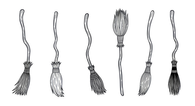 Hand-Drawn Halloween Witch Brooms Collection - Isolated on White