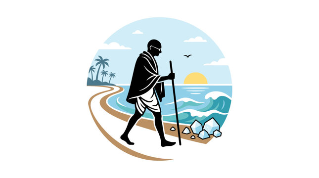 A peaceful evening walk of a lone man in a black jacket and white shorts, holding a staff, strolling along a winding sandy beach path under a sunset sky, low-angle digital illustration