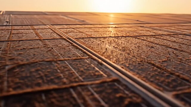 Close-up view of solar panels at sunset, showcasing texture and light reflections with a serene background