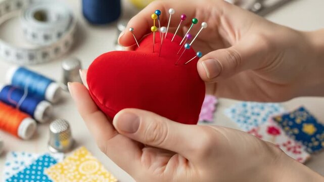 Woman holding a handmade red heart pincushion for a DIY Valentine's Day sewing project
