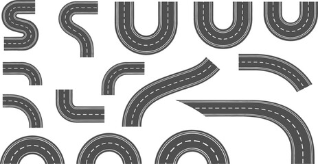Curved road and highway elements vector set featuring asphalt street segments, curved paths and transportation route pieces for map design and city layout © Rifat
