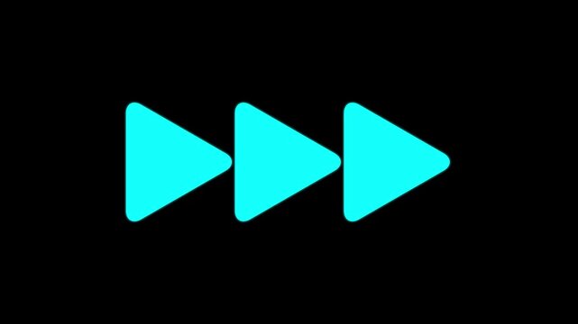 Cyan fast forward media navigation icon animation with triple triangle playback symbol, modern digital video interface control indicator on dark background