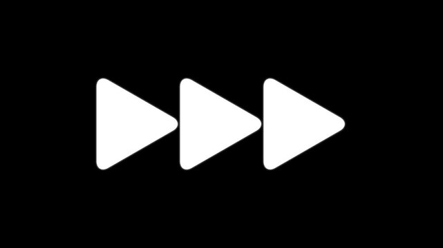 White fast forward media navigation icon animation with triple triangle playback symbol, modern digital video interface control indicator on dark background