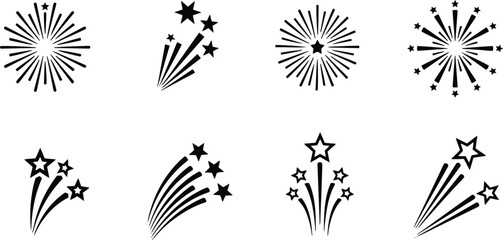 Fototapeta premium A set of vector line art silhouettes depicting various festive firework explosions and star bursts