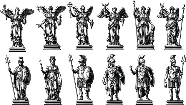 Classical Greek Roman God Goddess Warrior Statue Vector Set Featuring Nike Athena Ares Poseidon Sculptures for Historical Mythology Graphic Design Projects
